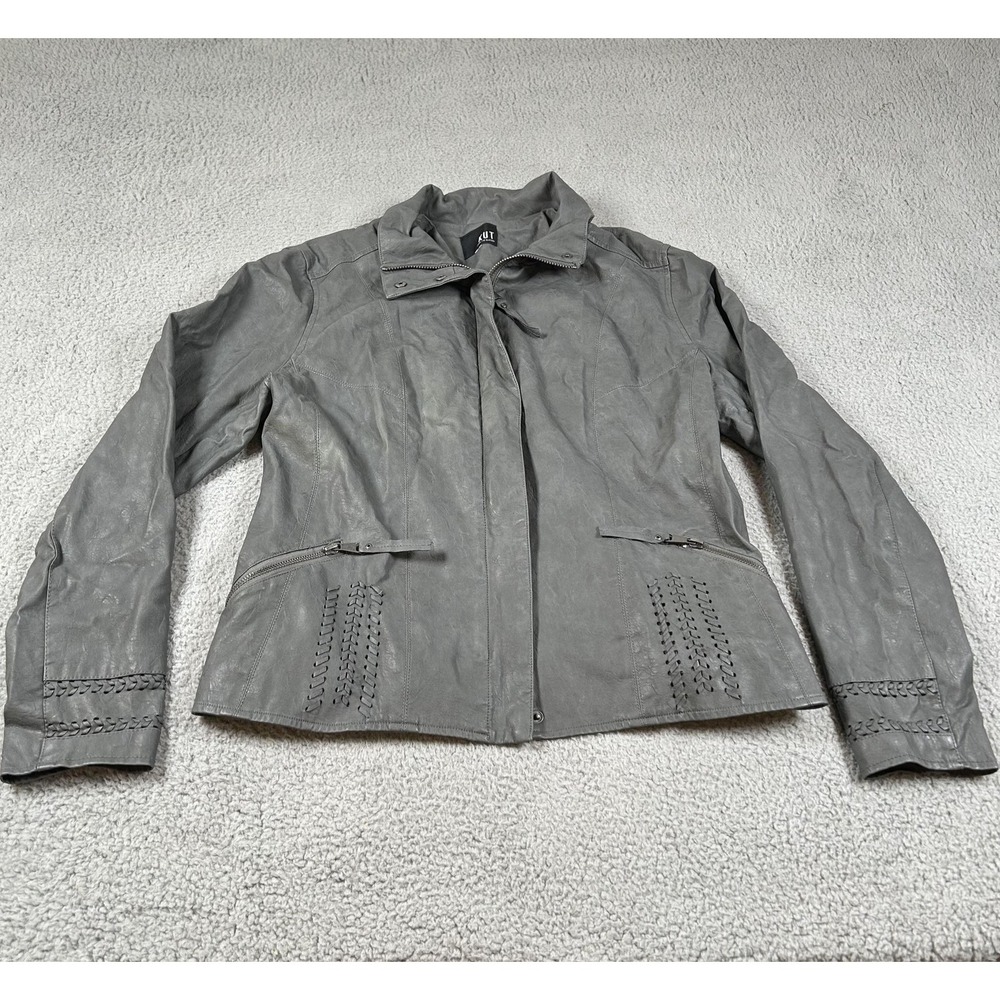 KUT from the Kloth Jacket Womens Medium Gray Faux Leather Moto Biker‎ Whipstitch